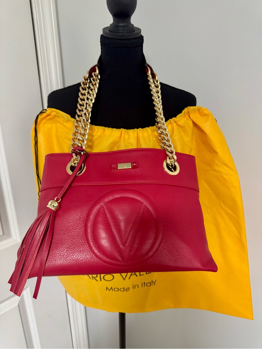 Valentino By Mario Valentino Red Leather Shoulder Bag with Gold Chain